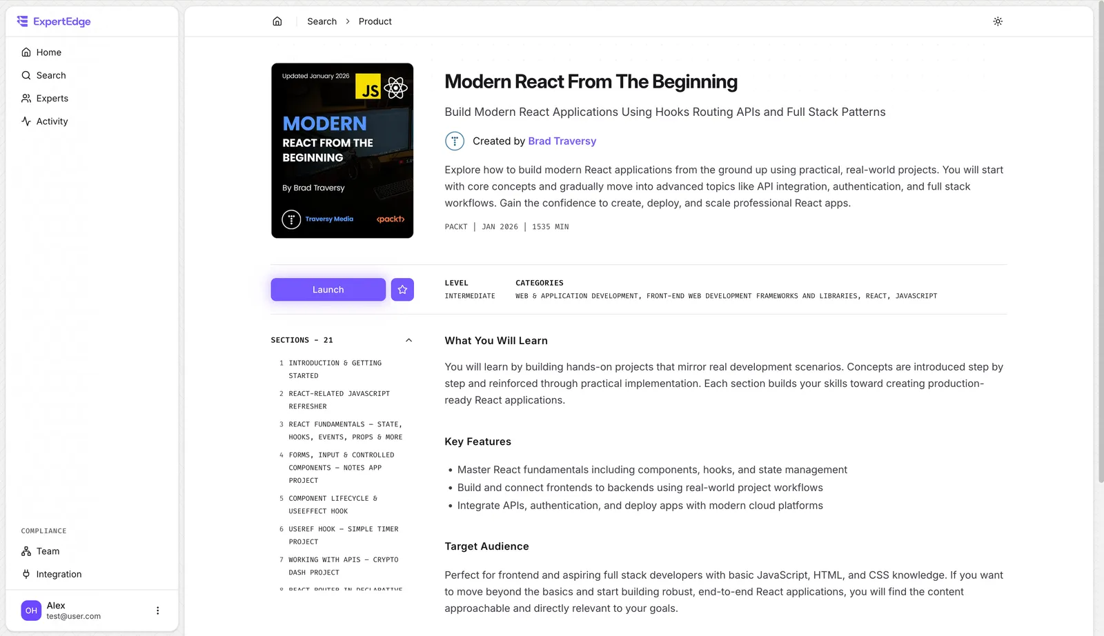 Modern React From The Beginning as a course in the ExpertEdge app